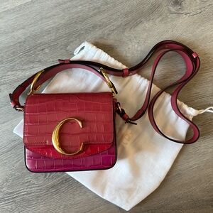 Chloe Pink Croc-Embossed Crossbody Bag with Gold Accent